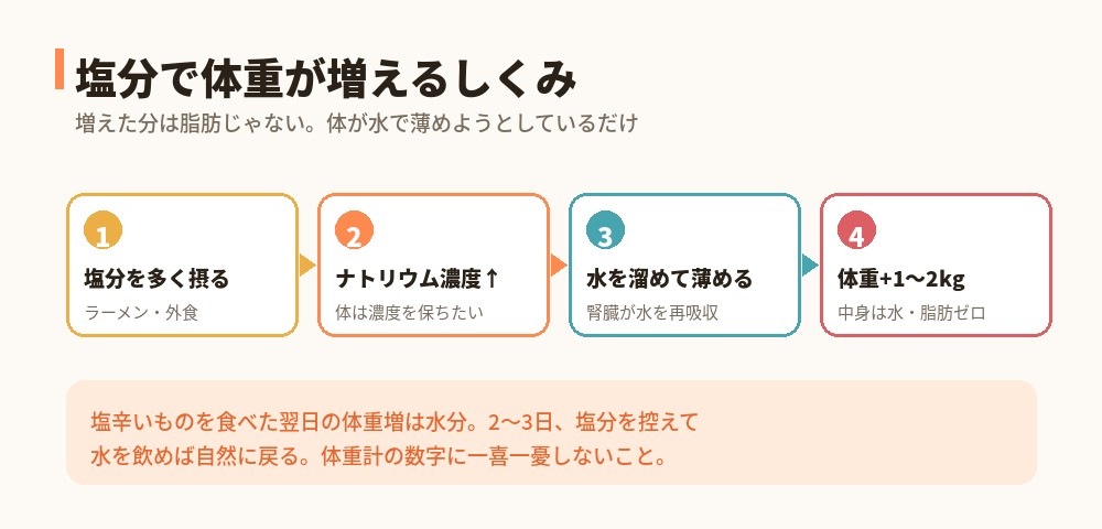 塩分摂取から水分貯留・体重増加までの4ステップ図解